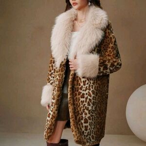 Faux Fur Leopard Print Fluffy Trim A-Line Waist Long Women's Coat